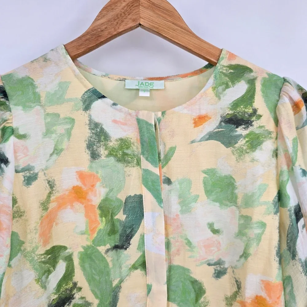Jade Melody Tam Floral Blouse Green Orange Yellow Impressionist Smocked Cuff S - Picture 3 of 13